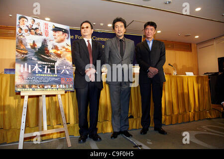 (L-R) Shohei Kotaki, Koji Yakusho, Izuru Narushima, Dec 3, 2011: Japanese actor Koji Yakusho appears at Foreign Correspondent's Club in Yurakucho, Tokyo, Japan, to promote his movie 'Admiral Yamamoto.' It is his first attendance at the Club. (Photo by AFLO) Stock Photo