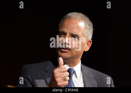 Eric Holder, Attorney General of the United States, speaks at the Lyndon Baines Johnson (LBJ) Library in Austin, Texas Stock Photo