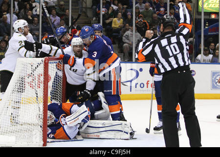 Dec. 15, 2011 - Uniondale, New York, UNITED STATES - New York Islanders goalie Kevin Poulin (60) in the goal against the Dallas Stars in the second period at Nassau Veterans Memorial Coliseum, Uniondale, NY. (Credit Image: © Debby Wong/Southcreek/ZUMAPRESS.com) Stock Photo