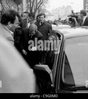 FILE PHOTO:President Vaclav Havel, centre, gets in his car after a confrontation with nationalist demonstrators demanding independent Slovakia during his visit to Bratislava on March 14, 1991.Vaclav Havel died on Sunday, Dec. 18, 2011, aged 75. Havel, a dissident playwright jailed by Communists, bec Stock Photo