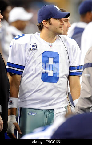Dec. 24, 2011 - Arlington, Texas, United States of America - Dallas Cowboys quarterback Tony Romo (9) injured his right hand during first half action as the Philadelphia Eagles face-off against division rival Dallas Cowboys at Cowboys Stadium in Arlington, Texas.  The Eagles lead the Cowboys 14-0 at Stock Photo