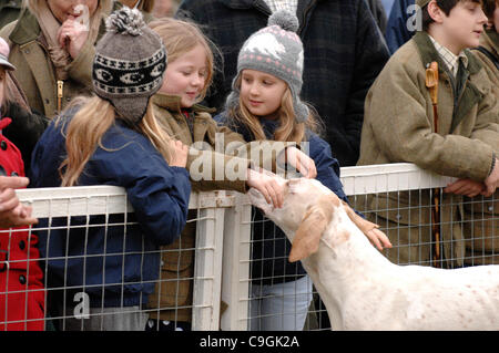 Hounds are encouraged to make friends with children to gain their allegiance to hunting - The Duke of Beaufort Hunt meet at Worcester Lodge, Didmarton, Gloucestershire, UK, on Boxing Day, 26th December, 2011. Credit: Graham Lawrence/Alamy Live News Stock Photo