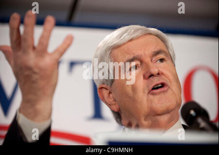 Manchester, NH, Unites States - 1/8/12 -   Former Speaker of the House Newt Gingrich speaks during a campaign stop in Manchester, NH January 8, 2012, as he campaigns for the Republican nomination for President prior to the New Hampshire Primary.     (Photo by Gordon M. Grant) Stock Photo