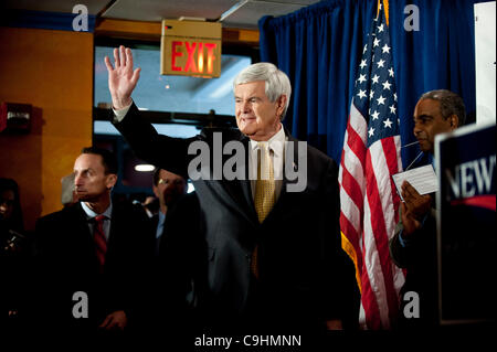 Manchester, NH, Unites States - 1/8/12 -   Former Speaker of the House Newt Gingrich, arrives at a campaign stop in Manchester, NH January 8, 2012, as he campaigns for the Republican nomination for President prior to the New Hampshire Primary.     (Photo by Gordon M. Grant) Stock Photo