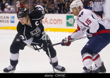 Jan. 9, 2012 - Los Angeles, California, U.S - Los Angeles Kings Dustin Brown (23) jockeys for position with Washington Capitals Jeff Halpern (15) in second period action.  The Kings defeat the Washington Capitals 5-2. (Credit Image: © Josh Chapel/Southcreek/ZUMAPRESS.com) Stock Photo