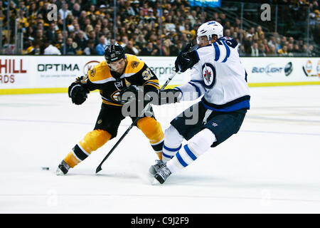 Jan. 10, 2012 - Boston, Massachusetts, U.S - Winnipeg Jets right wing Blake Wheeler (26) takes a shot on goal late in the third period of the game against the Boston Bruins at the TD Garden in Boston, Massachusetts.   Bruins beat Jets 5 - 3. (Credit Image: © Mark Box/Southcreek/ZUMAPRESS.com) Stock Photo