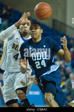 Jan. 11, 2012 - Newark, Delaware, United States of America - 01/11/12 Newark DE: Old Dominion Guard Kent Bazemore #24 drive down the lane and looses control of the ball during a Colonial Athletic Association conference Basketball Game at Delaware Wed, Jan. 11, 2012 at the Bob Carpenter Center in New Stock Photo