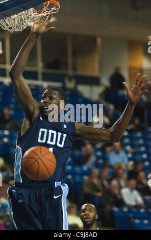 Jan. 11, 2012 - Newark, Delaware, United States of America - 01/11/12 Newark DE: Old Dominion Junior Forward Nick Wright #1 looses control of the ball while attempting to dunk during a Colonial Athletic Association conference Basketball Game at Delaware Wed, Jan. 11, 2012 at the Bob Carpenter Center Stock Photo