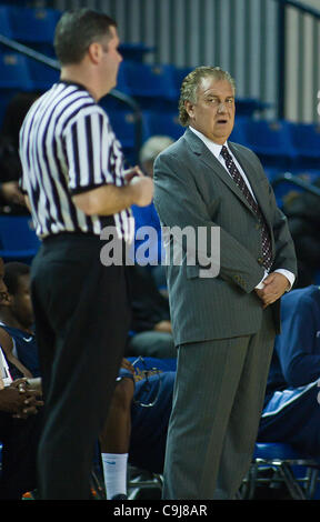 Jan. 11, 2012 - Newark, Delaware, United States of America - 01/11/12 Newark DE: Old Dominion Men's Head Coach Blaine Taylor (Right) stares at the game official during a Colonial Athletic Association conference Basketball Game at Delaware Wed, Jan. 11, 2012 at the Bob Carpenter Center in Newark Dela Stock Photo