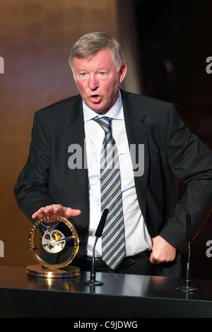 Sir Alex Ferguson, JANUARY 9, 2012 - Football / Soccer : Sir Alex Ferguson makes a speech with the FIFA Presidential Award trophy during the FIFA Ballon d'Or 2011 Gala at Kongresshaus in Zurich, Switzerland. (Photo by Enrico Calderoni/AFLO SPORT) [0391] Stock Photo