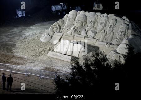 Jan. 16, 2012 - Myrtle Beach, SC, USA - A sand sculpture 'Mount Myrtle' featuring all 6 Republican Presidential candidates Mitt Romney, Newt Gingrich, Jon Huntsman, Rick Perry, Rick Santorum, and Ron Paul, was sculpted in advance of the debate on 16 January across the street in the Myrtle Beach Conv Stock Photo