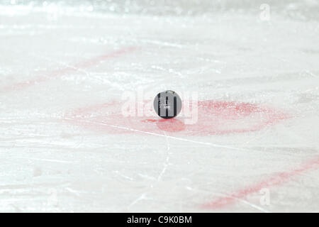 Jan. 15, 2012 - Innsbruck, Austria - puck on the ice during  preliminary match USA vs CANADA event of the Winter Youth Olympic Games (YOG) 2012. Canada won 5 to 1 (Credit Image: © Marcello Farina/Southcreek/ZUMAPRESS.com) Stock Photo