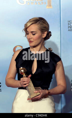 Actress Kate Winslet poses in the press room with the Best Performance by an Actress in a Mini-Series or a Motion Picture Made for Television award for 'Mildred Pierce' at the 69th Annual Golden Globe Awards held at the Beverly Hilton Hotel on January 15, 2012 in Beverly Hills, California. Stock Photo