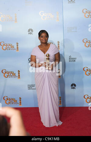 Actress Octavia Spencer poses in the press room at the 69th Annual Golden Globe Awards held at the Beverly Hilton Hotel on January 15, 2012 in Beverly Hills, California. Stock Photo