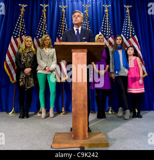 Jan. 16, 2012 - Myrtle Beach, SC, USA -  With his family arrayed behind him, Jon Huntsman announces that he's bowing out of the presidential race and endorsing Mitt Romney. Stock Photo