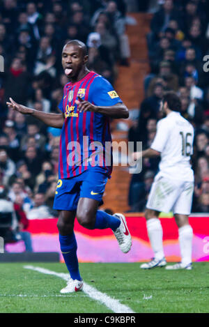 18/01/2011 - MADRID, Spain // COPA DEL REY FOOTBALL - Real Madrid vs. Barcelona - 1/4 finals - Santiago Bernabeu ------------- Abidal from FC Barcelona celebrating his goal to set 1-2 for FC Barcelona Stock Photo