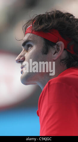 Roger Federer playing Ivo Karlovic at the Australian Open, Melbourne, January 20, 2012. Stock Photo