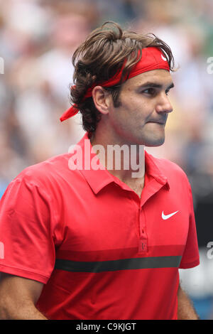 Roger Federer playing Ivo Karlovic at the Australian Open, Melbourne, January 20, 2012. Stock Photo