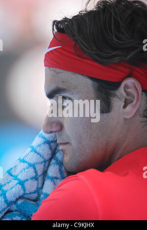 Roger Federer playing Ivo Karlovic at the Australian Open, Melbourne, January 20, 2012. Stock Photo