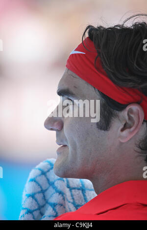 Roger Federer playing Ivo Karlovic at the Australian Open, Melbourne, January 20, 2012. Stock Photo