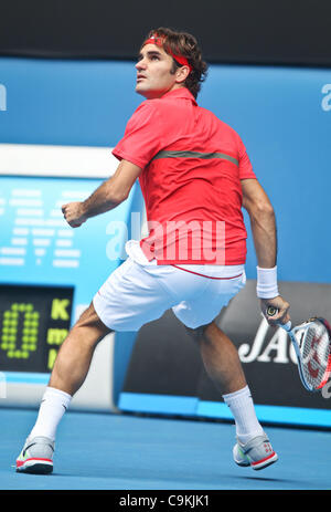 Roger Federer playing Ivo Karlovic at the Australian Open, Melbourne, January 20, 2012. Stock Photo