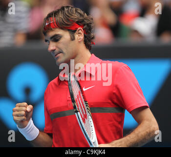 Roger Federer playing Ivo Karlovic at the Australian Open, Melbourne, January 20, 2012. Stock Photo