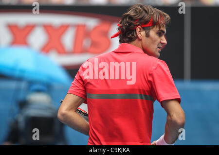 Roger Federer playing Ivo Karlovic at the Australian Open, Melbourne, January 20, 2012. Stock Photo