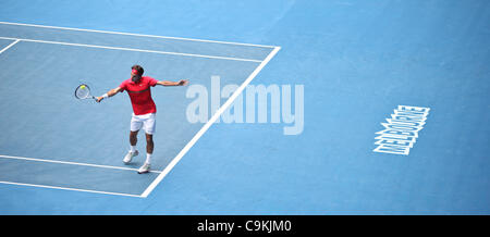 Roger Federer playing Ivo Karlovic at the Australian Open, Melbourne, January 20, 2012. Stock Photo