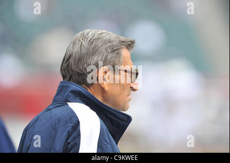 Sept. 17, 2011 - Philadelphia, Pennsylvania, U.S - Penn State Nittany Lions head coach Joe Paterno watches the pre game drills. Penn State trails Temple by a score of  10-7 in a game being  being played at Lincoln Financial Feld in Philadelphia, Pennsylvania (Credit Image: © Mike McAtee/Southcreek G Stock Photo