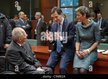 Pictured at the Ecofin meeting of Finance Ministers of the EU were, left to right, Wolfgang Schauble, Finance Minister, Germany. George Osborne, Chancellor of the Exchequer, United Kingdom. Margrethe Vestager, Finance Minister, Denmark. Stock Photo