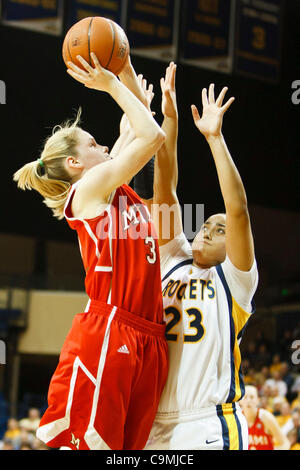 Jan. 25, 2012 - Toledo, Ohio, U.S - Miami (OH) guard Hannah Robertson (32) shoots over Toledo guard Inma Zanoguera (23) during first-half game action.  The Toledo Rockets, of the Mid-American Conference West Division, defeated the Miami RedHawks, of the MAC East Division, 79-66 at Savage Arena in To Stock Photo