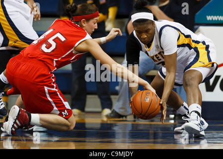 Jan. 25, 2012 - Toledo, Ohio, U.S - Toledo guard Lecretia Smith (3) and Miami (OH) forward Kirsten Olowinski (45) scramble for a loose ball during second-half game action.  The Toledo Rockets, of the Mid-American Conference West Division, defeated the Miami RedHawks, of the MAC East Division, 79-66  Stock Photo