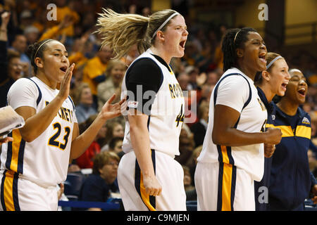 Jan. 25, 2012 - Toledo, Ohio, U.S - Toledo guard Inma Zanoguera (23), forward Kyle Baumgartner (44) and center Brianna Jones (50) cheer for their teammates during second-half game action.  The Toledo Rockets, of the Mid-American Conference West Division, defeated the Miami RedHawks, of the MAC East  Stock Photo