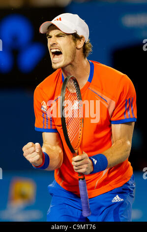 Jan. 28, 2012 - Melbourne, Australia - Great Britain's ANDY MURRAY reacts after winning the third of the men's semifinals match on day twelve of the 2012 Australian Open at Melbourne Park. Murray lost the match 3-6, 6-3, 7-6, 1-6, 5-7. (Credit Image: © Sydney Low/Southcreek/ZUMAPRESS.com) Stock Photo