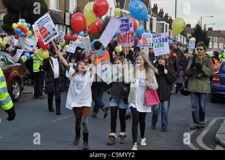 28/01/2012 Haringey, London UK. Young students protest against plans to turn Downhills primary school Tottenham into a sponsored academy. Stock Photo