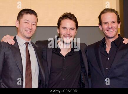 Tadanobu Asano, Taylor Kitsch and Peter Berg, Jan 31, 2012 : Tokyo, Japan, The movie directer Peter Berg, Taylor Kitsch, and Japanese actor Tadanobu Asano appear at a press conference for the film 'BATTLESHIP' by Peter Berg in the Grand Hyatt Tokyo. This film is about the battle against the aliens a Stock Photo