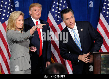 Feb. 2, 2012 - Las Vegas, Nevada, USA -  (L-R) DONALD TRUMP, ANN ROMNEY and Republican presidential candidate, former Massachusetts Gov. MITT ROMNEY, acknowledge guests during a news conference held by Trump to endorse Mitt Romney for president at the Trump International Hotel & Tower Las Vegas Febr Stock Photo