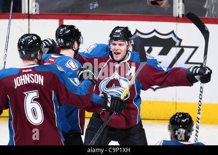Feb. 4, 2012 - Denver, Colorado, United States - Colorado Avalanche right wing David Jones (54) celebrates a powerplay goal with Colorado Avalanche center Paul Stastny (26) in the first period against the Vancouver Canucks. The Colorado Avalanche hosted the Vancouver Canucks at the Pepsi Center in D Stock Photo