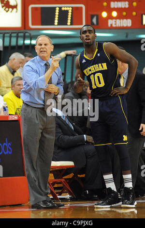 Feb. 8, 2012 - Lincoln, Nebraska, U.S - Michigan head coach John Beilein and Michigan guard Tim Hardaway Jr. (10) call out instructions to the Michigan players. Michigan defeated Nebraska 62-46 in a game played at the Bob Devaney Sports Center in Lincoln, Nebraska. (Credit Image: © Steven Branscombe Stock Photo