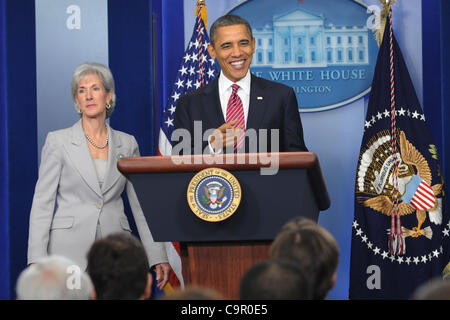 Feb. 10, 2012 - Washington, District of Columbia, U.S. - President Barack Obama and HHS Kathleen Sebelius make an appearance in the White House Briefing Room. They are seeking to allay concerns of Catholic leaders, the president says religious institutions will not be required to cover contraceptive Stock Photo