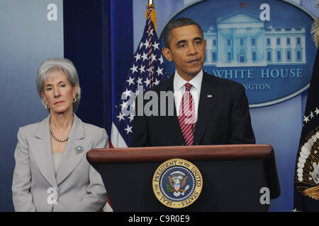 Feb. 10, 2012 - Washington, District of Columbia, U.S. - President Barack Obama and HHS Kathleen Sebelius make an appearance in the White House Briefing Room. They are seeking to allay concerns of Catholic leaders, the president says religious institutions will not be required to cover contraceptive Stock Photo
