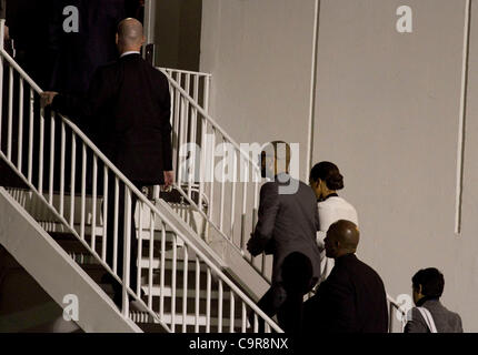 Alicia Keys and her husband Swizz Beatz arrive at the back entrance of the Beverly Hilton Hotel for the pre-Grammy  gala hosted by Clive Davis. Singer and actress Whitney Houston was found dead at age 48, at the Beverly Hilton  Hotel in Beverly Hills, California Saturday, February 11, 2012  on the e Stock Photo