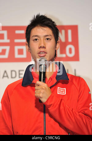 Kei Nishikori, FEBURARY 13, 2012 - Tennis : press conference for 'UNIQLO' at Roppongi Tokyo, Japan. Japanese fashion brand Uniqlo will be launching a range of tennis wear in April after the success of their partnership with young tennis star Nishikori. Stock Photo