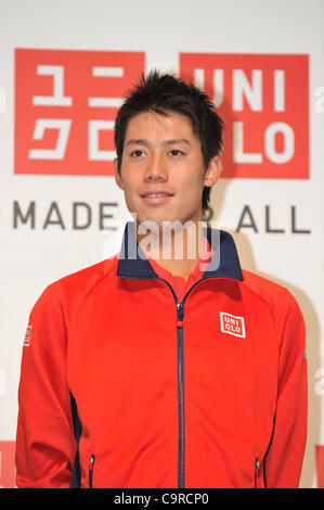 Kei Nishikori, FEBURARY 13, 2012 - Tennis : press conference for 'UNIQLO' at Roppongi Tokyo, Japan. Japanese fashion brand Uniqlo will be launching a range of tennis wear in April after the success of their partnership with young tennis star Nishikori. Stock Photo