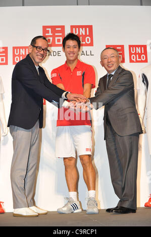 (L to R) Naoki Takizawa, Kei Nishikori, Tadashi Yanai Chairman & CEO UNIQLO,Inc. , FEBURARY 13, 2012 - Tennis : press conference for 'UNIQLO' at Roppongi Tokyo, Japan. (Photo by Atsushi Tomura/AFLO SPORT) [1035] Japanese fashion brand Uniqlo will be launching a range of tennis wear in April after th Stock Photo