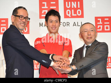 (L to R) Naoki Takizawa, Kei Nishikori, Tadashi Yanai Chairman & CEO UNIQLO,Inc. , FEBURARY 13, 2012 - Tennis : press conference for 'UNIQLO' at Roppongi Tokyo, Japan. (Photo by Atsushi Tomura/AFLO SPORT) [1035] Japanese fashion brand Uniqlo will be launching a range of tennis wear in April after th Stock Photo