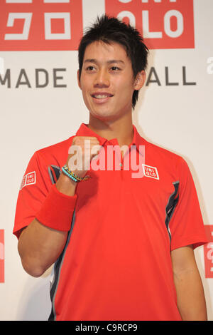 Kei Nishikori, FEBURARY 13, 2012 - Tennis : press conference for 'UNIQLO' at Roppongi Tokyo, Japan. Japanese fashion brand Uniqlo will be launching a range of tennis wear in April after the success of their partnership with young tennis star Nishikori. Stock Photo