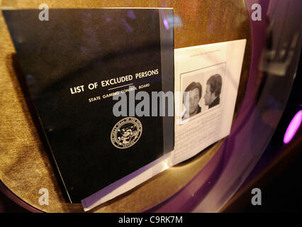 Feb. 13, 2012 - Las Vegas, Nevada, USA -  The List of Excluded Persons, commonly known as 'The Black Book' that contains names of people connected to organized crime who are barred from entering Nevada casinos is displayed next to the entry for Anthony 'Tony' Spilatro at The Mob Museum February 13,  Stock Photo