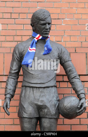 Ibrox Stadium, Edmiston Drive, Ibrox, Glasgow, Scotland, UK, Tuesday, 14th February, 2012. Statue of ex-player and manager John Greig, wearing a Rangers scarf, part of the memorial to the disasters and tragedies at Ibrox Stadium, the home of Glasgow Rangers Football Club Stock Photo