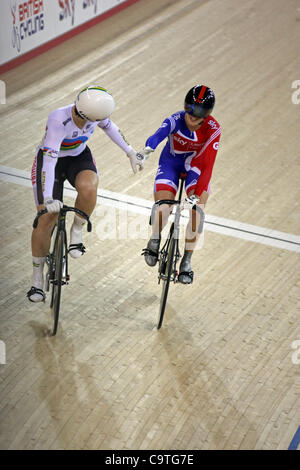 18/02/2012 Anna Meares (AUS) is congratulated by Victoria Pendleton (GBR) in the women's individual Pursuit sprint semi-final at the London Prepares Series UCI World Cup Cycling event at the Olympic velodrome. Stock Photo